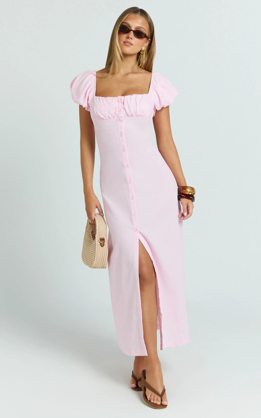 Welmina Midi Dress - Short Sleeve Placket Front Dress in Pale Pink