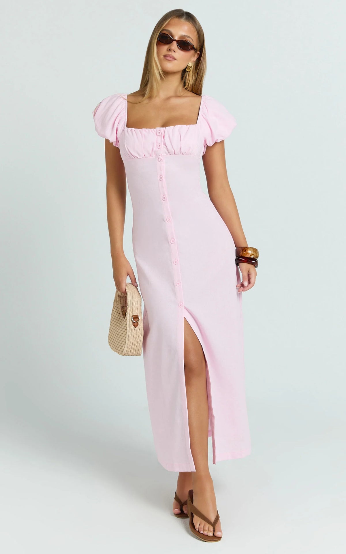 Welmina Midi Dress - Short Sleeve Placket Front Dress in Pale Pink