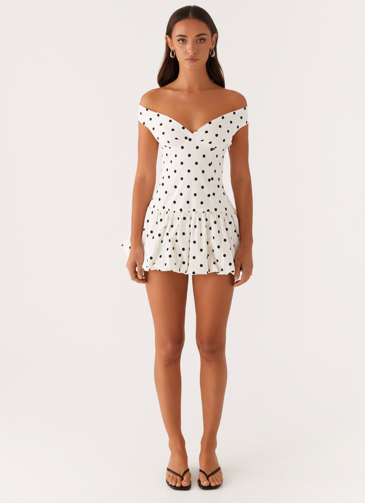 Endless Romance Off Shoulder Mini Dress - White Polka Dot