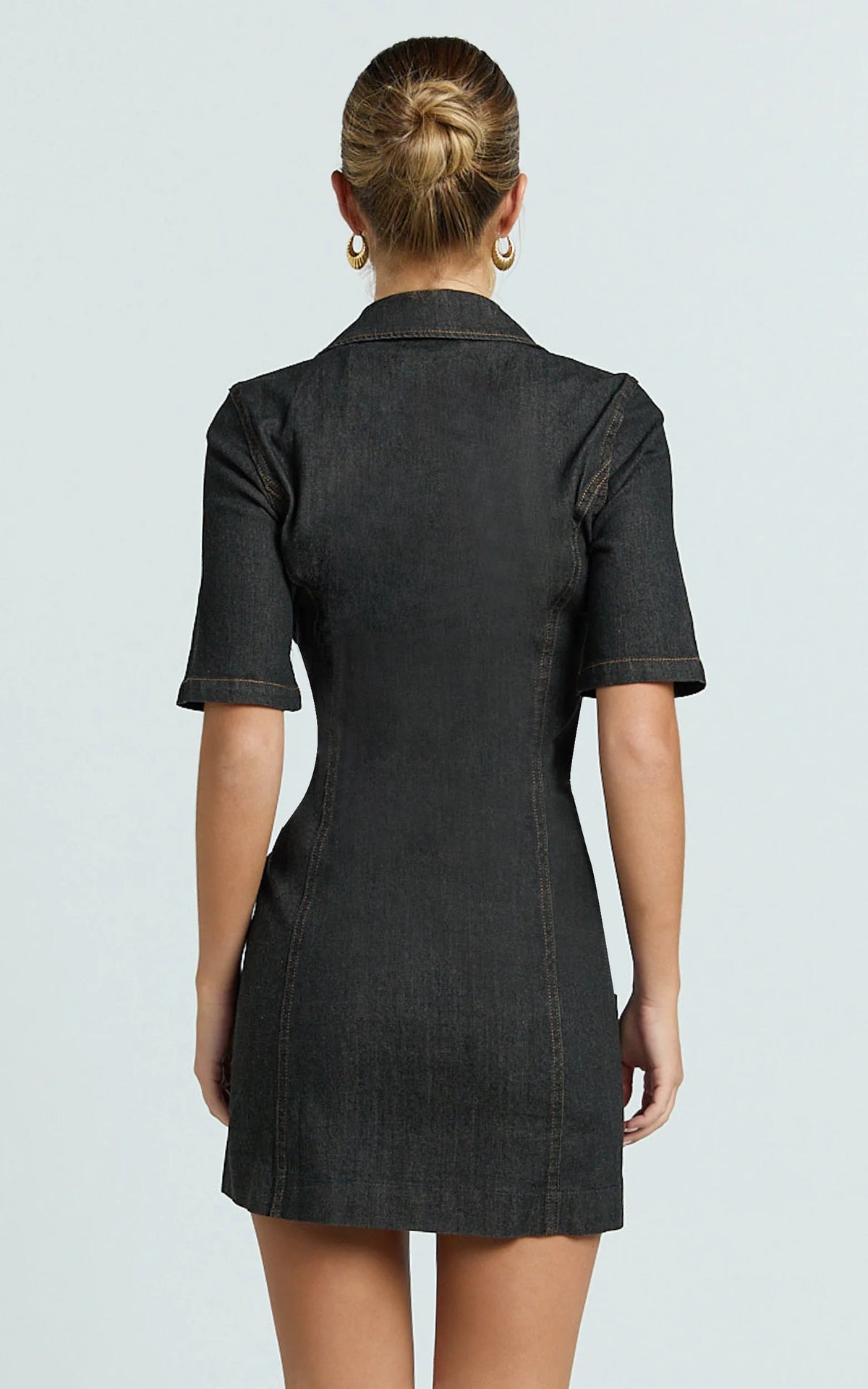Tessie Mini Dress - Zip Front Collared Denim Mini Dress in Black