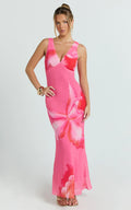 Iris Maxi Dress - Sleeveless V Neckline Dress in Fuschia Floral