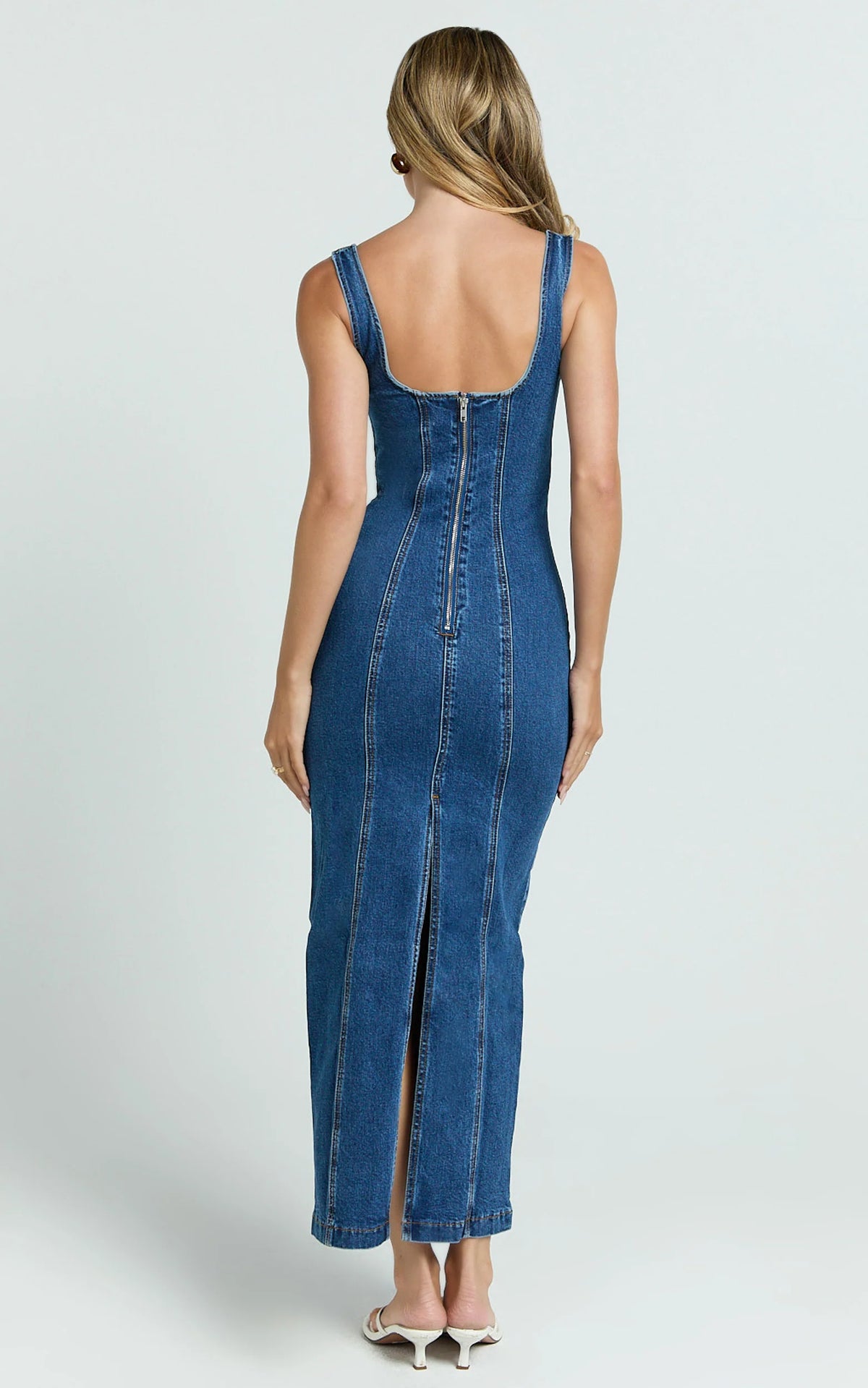 Kristie Maxi Dress - Wide Neck Corset Detail Denim Dress in Dark Blue Wash