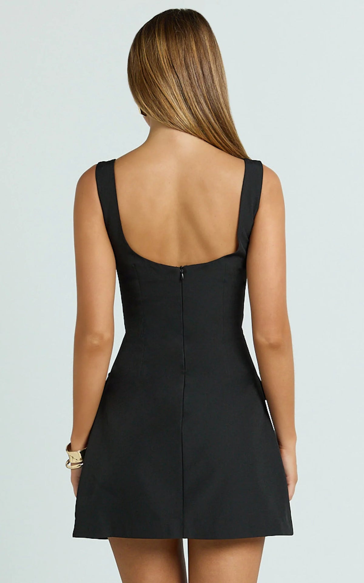 Rachel Midi Dress - Square Scoop Neck Buckle Pocket Leg Split Knee Length Dress in Black