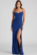 Cowl Neck Metallic Glitter Formal Dress