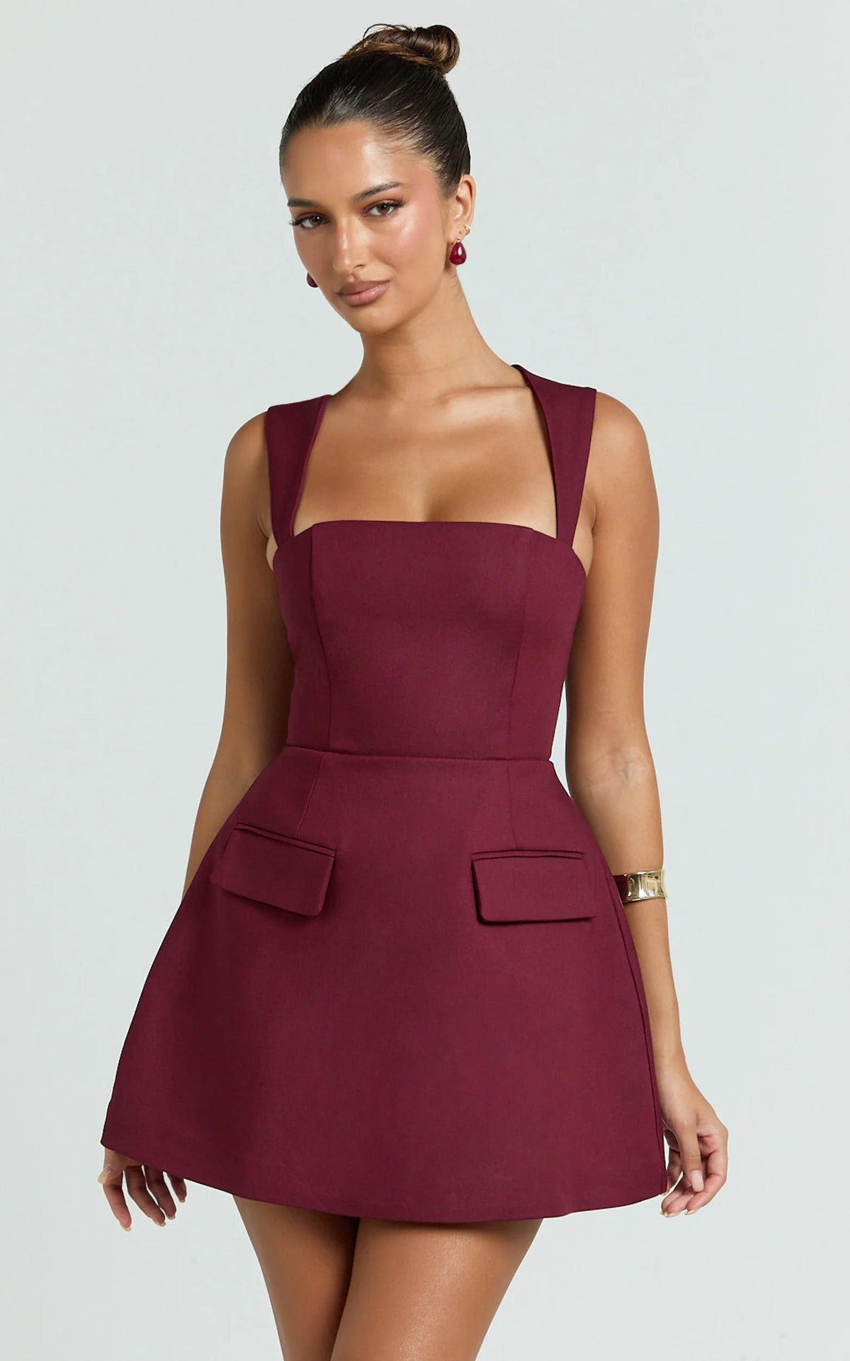 Garrett Mini Dress - Square Neck Fit And Flare Dress in Wine