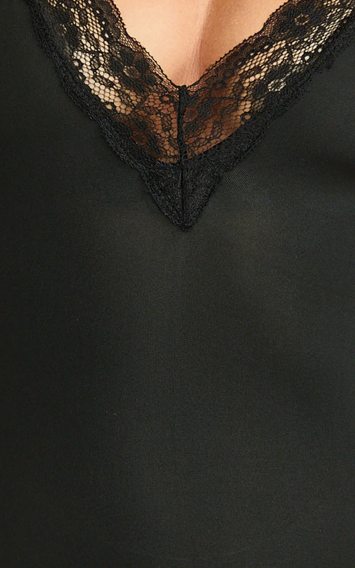 Amelie Bodysuit - Lace Trim V Neck Bodysuit with Shelf Bra in Black
