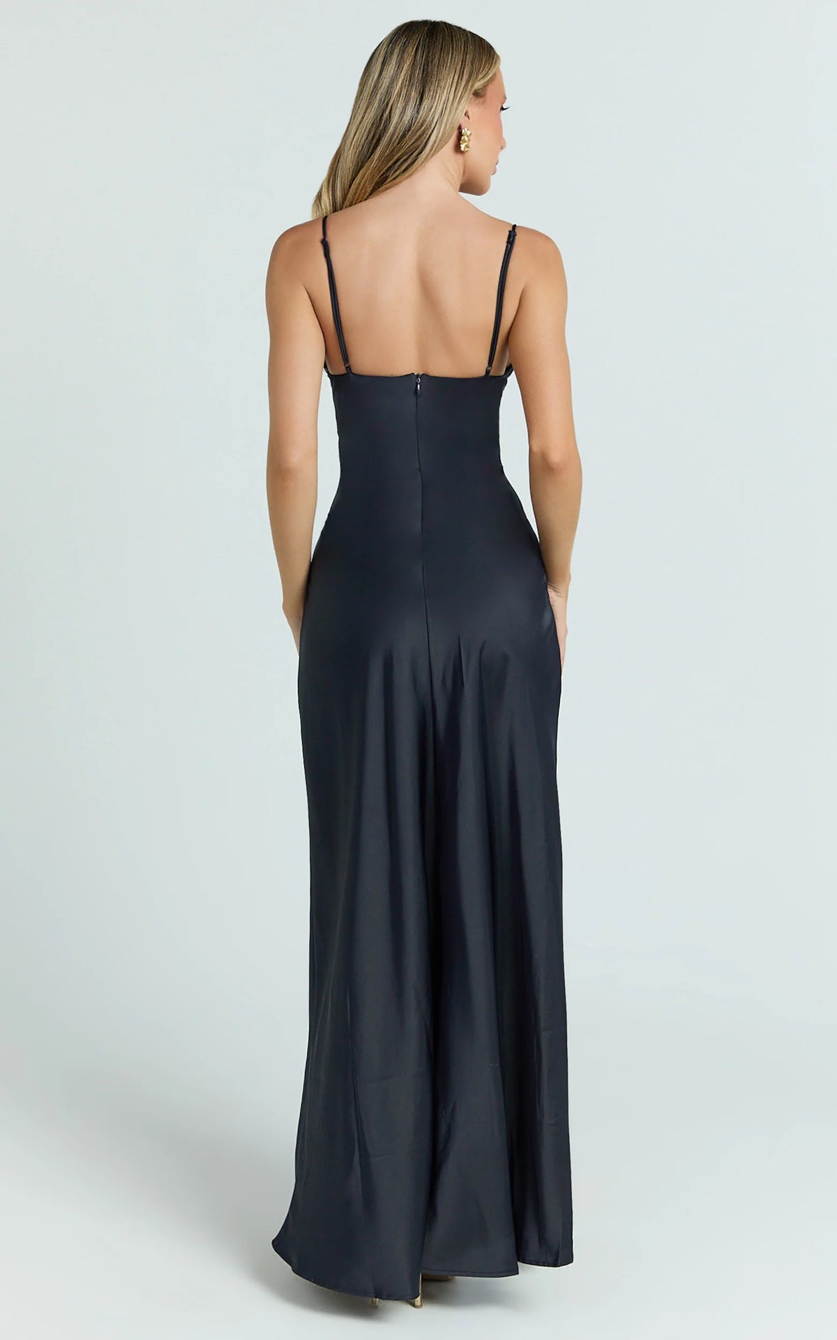 Cariela Midi Dress - Plunge Neck Satin Dress in Navy
