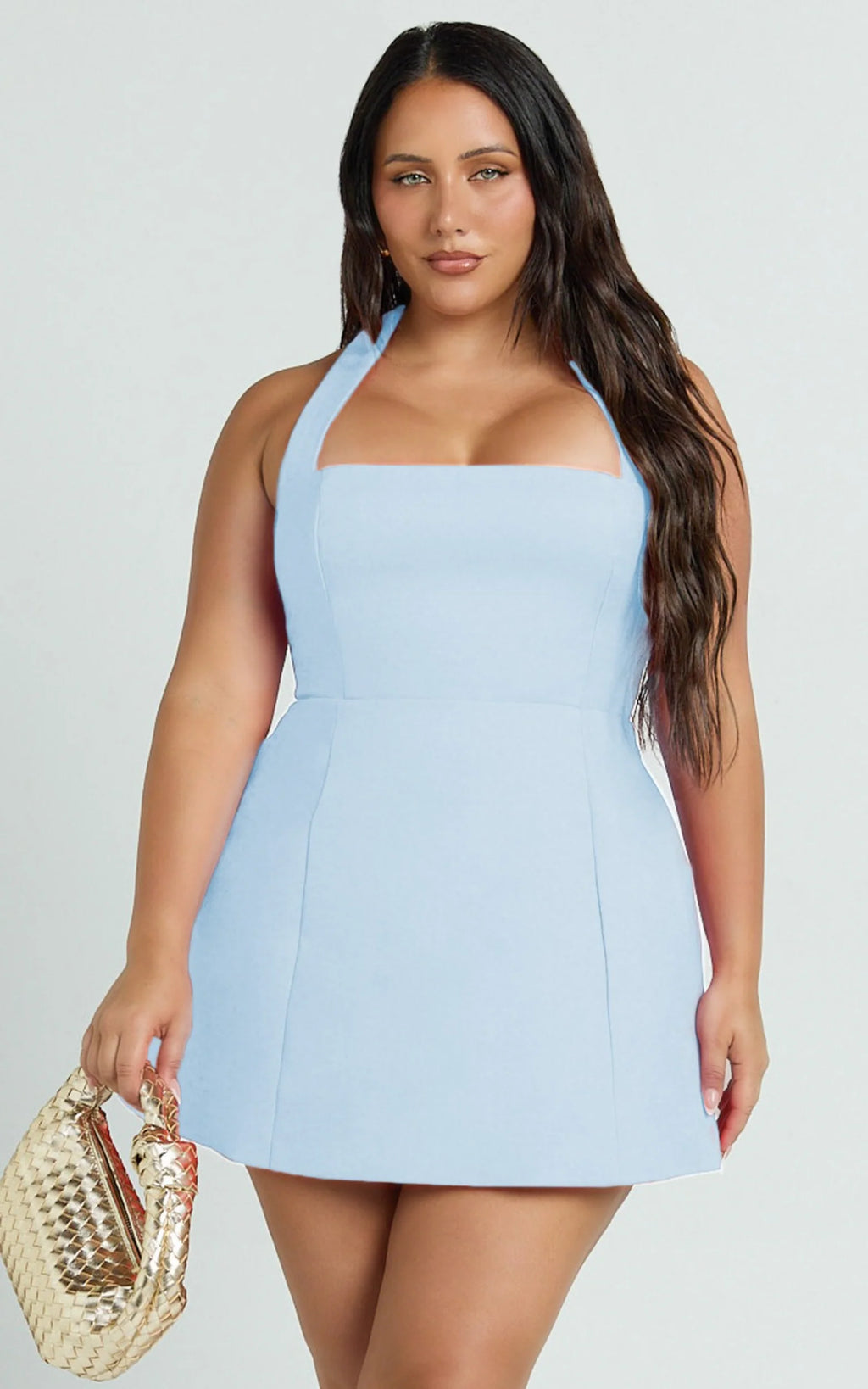 Dante Mini Dress - Halter Neck Tie Tulip Skirt Dress in Soft Blue